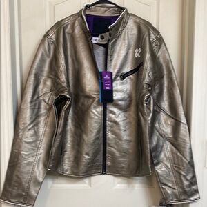Metallic Silver Leather Moto Jacket with Stand-Up Collar
